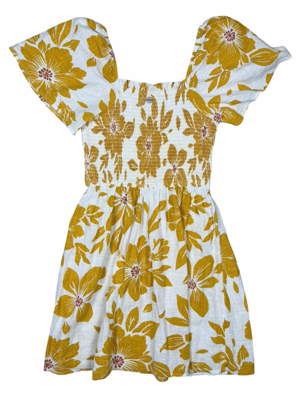 Rip Curl Mustard Floral Smocked Mini Dress | Size M - Picture 3 of 6